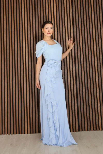 Piliseli ve Şifon Detaylı Uzun Abiye Elbise 2391-Bebe Mavisi