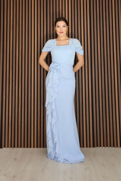 Piliseli ve Şifon Detaylı Uzun Abiye Elbise 2391-Bebe Mavisi