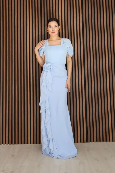 Piliseli ve Şifon Detaylı Uzun Abiye Elbise 2391-Bebe Mavisi