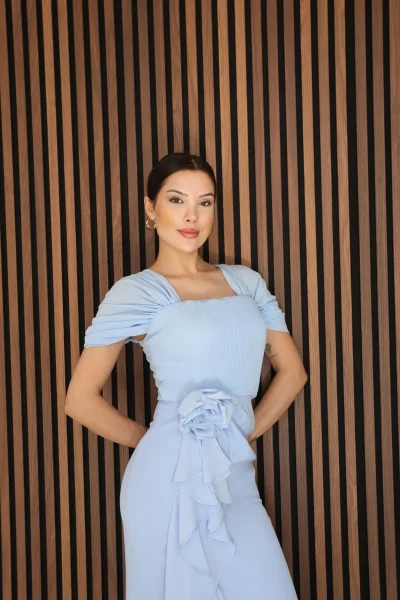 Piliseli ve Şifon Detaylı Uzun Abiye Elbise 2391-Bebe Mavisi