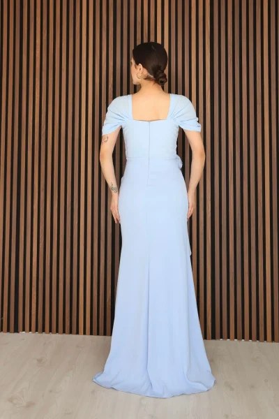 Piliseli ve Şifon Detaylı Uzun Abiye Elbise 2391-Bebe Mavisi