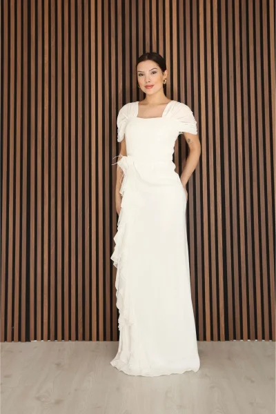 Piliseli ve Şifon Detaylı Uzun Abiye Elbise 2391-Beyaz