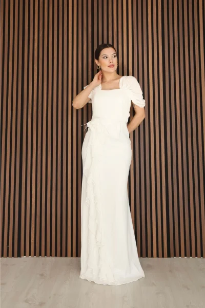 Piliseli ve Şifon Detaylı Uzun Abiye Elbise 2391-Beyaz