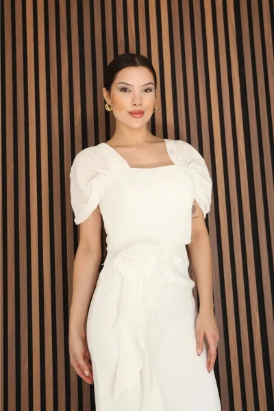 Piliseli ve Şifon Detaylı Uzun Abiye Elbise 2391-Beyaz