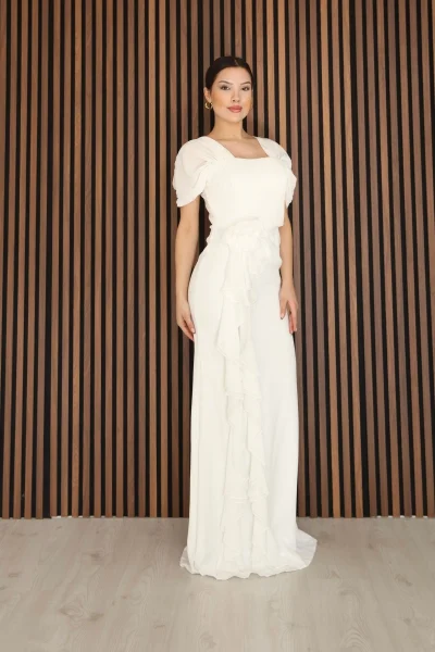 Piliseli ve Şifon Detaylı Uzun Abiye Elbise 2391-Beyaz