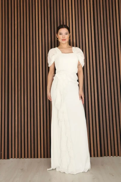 Piliseli ve Şifon Detaylı Uzun Abiye Elbise 2391-Beyaz