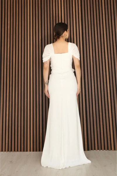 Piliseli ve Şifon Detaylı Uzun Abiye Elbise 2391-Beyaz