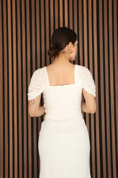 Piliseli ve Şifon Detaylı Uzun Abiye Elbise 2391-Beyaz