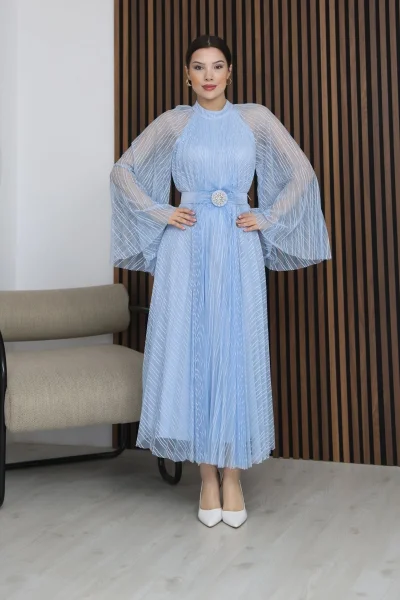 Pilise Detaylı Kemerli Rahat Form Tül Elbise 2305-Bebe Mavisi