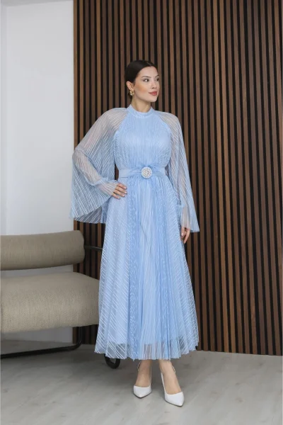 Pilise Detaylı Kemerli Rahat Form Tül Elbise 2305-Bebe Mavisi