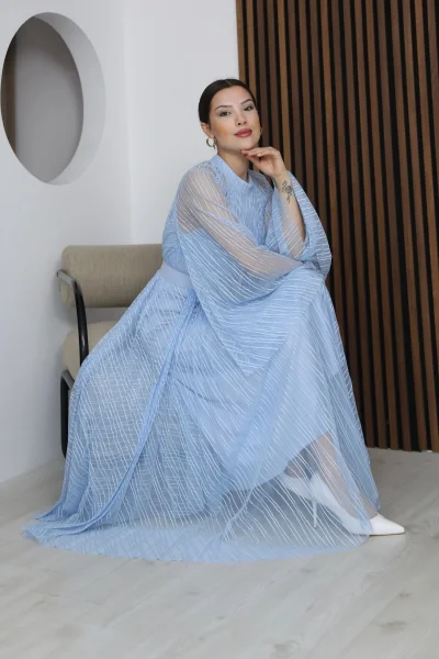 Pilise Detaylı Kemerli Rahat Form Tül Elbise 2305-Bebe Mavisi