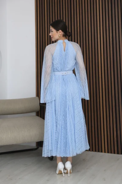 Pilise Detaylı Kemerli Rahat Form Tül Elbise 2305-Bebe Mavisi