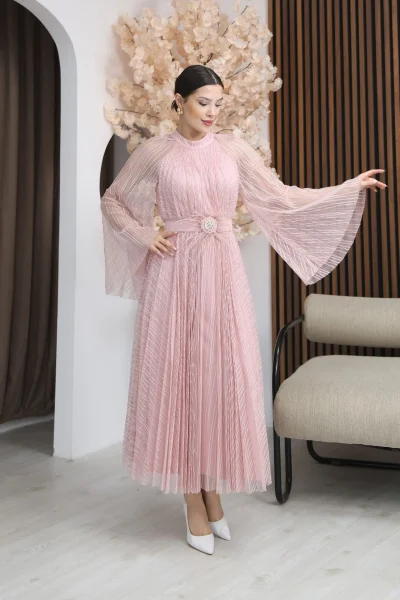 Pilise Detaylı Kemerli Rahat Form Tül Elbise 2305-Pudra