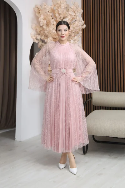 Pilise Detaylı Kemerli Rahat Form Tül Elbise 2305-Pudra