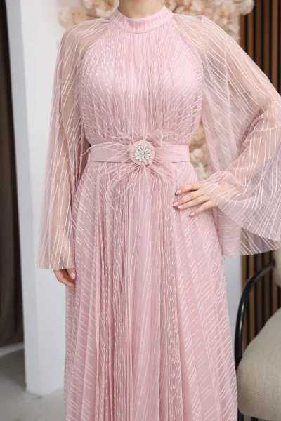 Pilise Detaylı Kemerli Rahat Form Tül Elbise 2305-Pudra