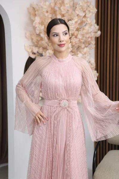 Pilise Detaylı Kemerli Rahat Form Tül Elbise 2305-Pudra