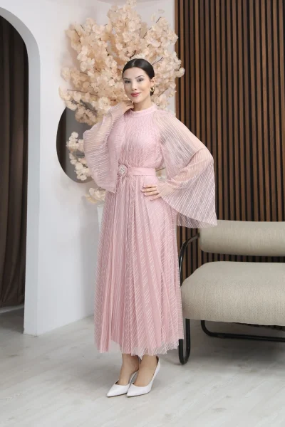 Pilise Detaylı Kemerli Rahat Form Tül Elbise 2305-Pudra