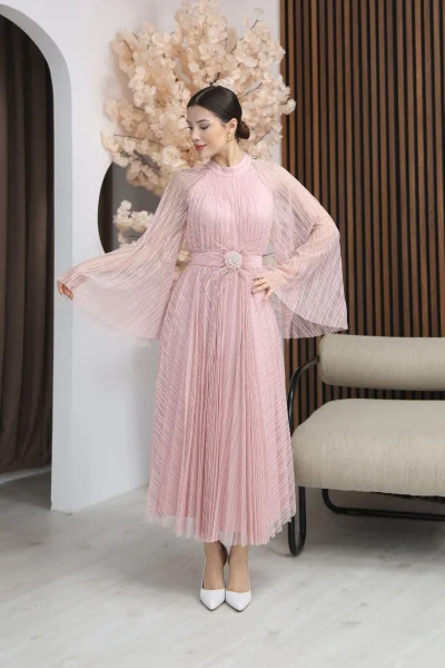 Pilise Detaylı Kemerli Rahat Form Tül Elbise 2305-Pudra