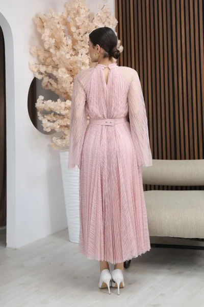 Pilise Detaylı Kemerli Rahat Form Tül Elbise 2305-Pudra