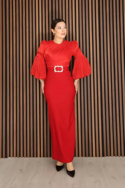 Göğüs Büzgü Detaylı Balon Kol Kalem Midi Elbise 2293-Kırmızı
