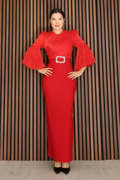 Göğüs Büzgü Detaylı Balon Kol Kalem Midi Elbise 2293-Kırmızı