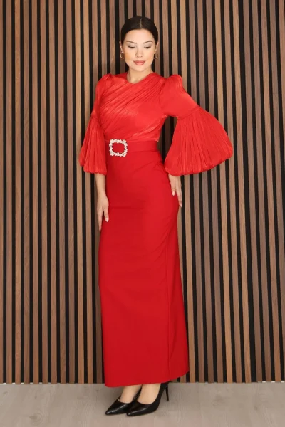 Göğüs Büzgü Detaylı Balon Kol Kalem Midi Elbise 2293-Kırmızı