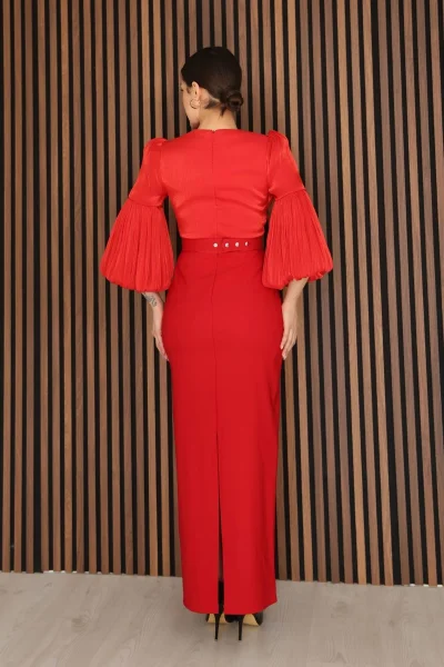 Göğüs Büzgü Detaylı Balon Kol Kalem Midi Elbise 2293-Kırmızı