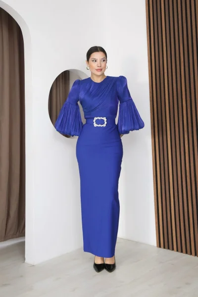 Göğüs Büzgü Detaylı Balon Kol Kalem Midi Elbise 2293-Saks