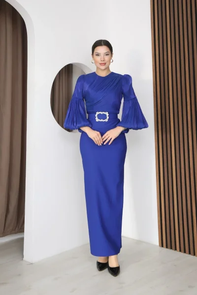 Göğüs Büzgü Detaylı Balon Kol Kalem Midi Elbise 2293-Saks