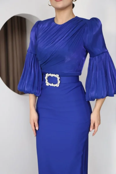 Göğüs Büzgü Detaylı Balon Kol Kalem Midi Elbise 2293-Saks