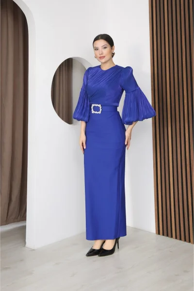 Göğüs Büzgü Detaylı Balon Kol Kalem Midi Elbise 2293-Saks