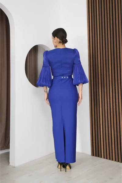 Göğüs Büzgü Detaylı Balon Kol Kalem Midi Elbise 2293-Saks