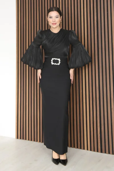 Göğüs Büzgü Detaylı Balon Kol Kalem Midi Elbise 2293-Siyah