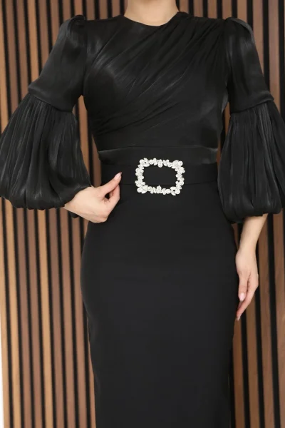 Göğüs Büzgü Detaylı Balon Kol Kalem Midi Elbise 2293-Siyah