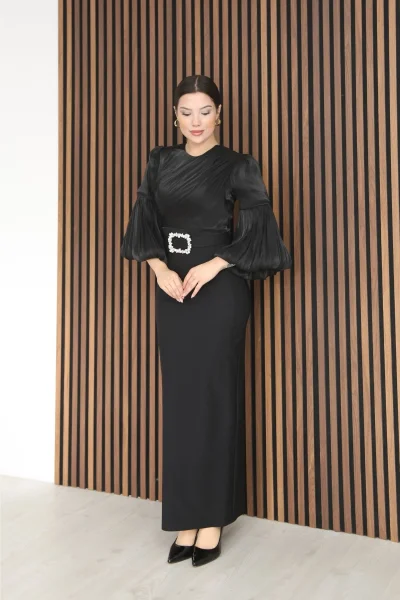 Göğüs Büzgü Detaylı Balon Kol Kalem Midi Elbise 2293-Siyah