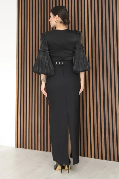 Göğüs Büzgü Detaylı Balon Kol Kalem Midi Elbise 2293-Siyah