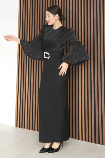 Göğüs Büzgü Detaylı Balon Kol Kalem Midi Elbise 2293-Siyah