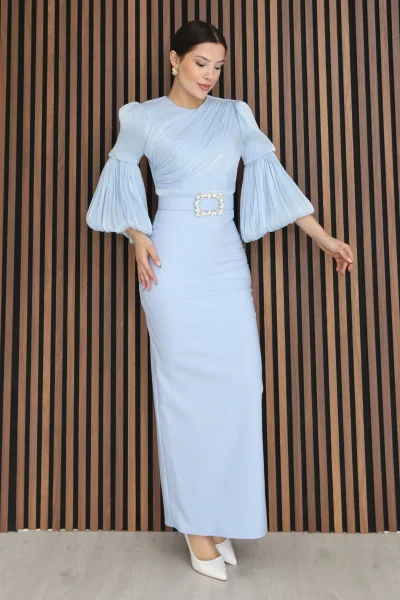 Göğüs Büzgü Detaylı Balon Kol Kalem Midi Elbise 2293-Bebe Mavisi