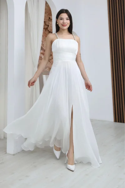 Taş Askılı Büzgü Detaylı Yırtmaçlı Abiye Elbise 2365-Beyaz