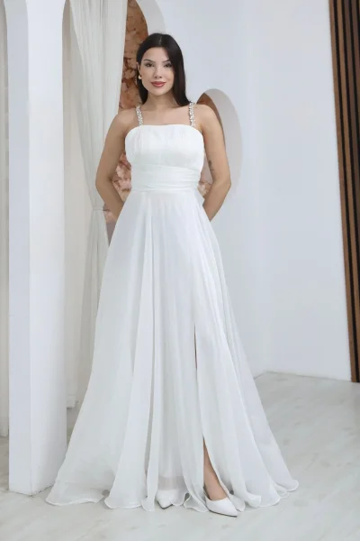 Taş Askılı Büzgü Detaylı Yırtmaçlı Abiye Elbise 2365-Beyaz