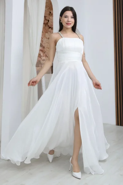 Taş Askılı Büzgü Detaylı Yırtmaçlı Abiye Elbise 2365-Beyaz