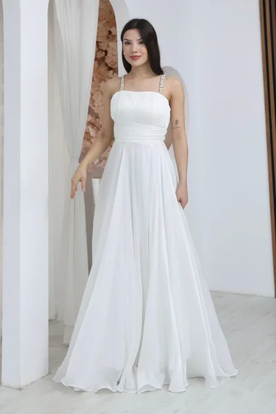 Taş Askılı Büzgü Detaylı Yırtmaçlı Abiye Elbise 2365-Beyaz