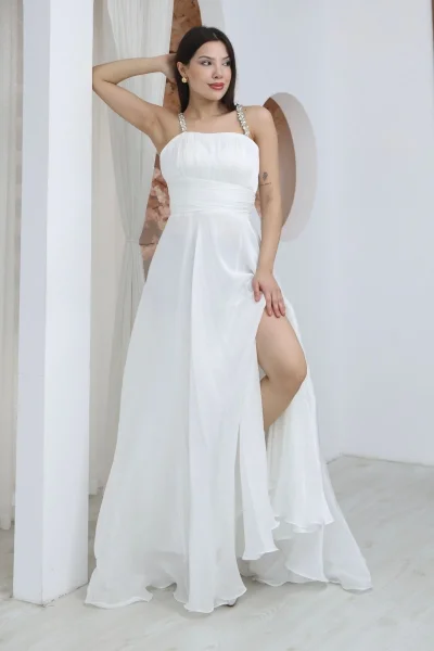 Taş Askılı Büzgü Detaylı Yırtmaçlı Abiye Elbise 2365-Beyaz