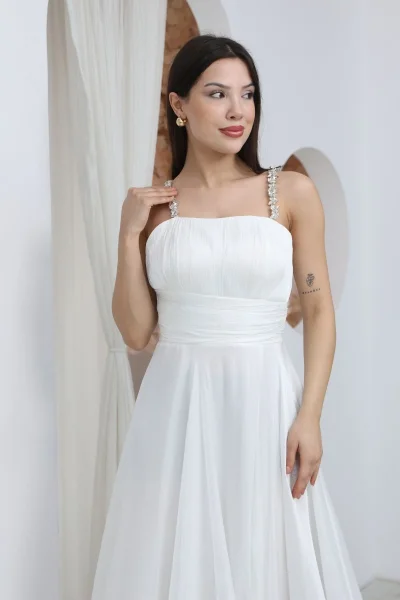 Taş Askılı Büzgü Detaylı Yırtmaçlı Abiye Elbise 2365-Beyaz