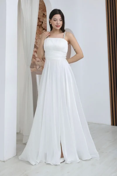 Taş Askılı Büzgü Detaylı Yırtmaçlı Abiye Elbise 2365-Beyaz