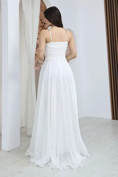 Taş Askılı Büzgü Detaylı Yırtmaçlı Abiye Elbise 2365-Beyaz