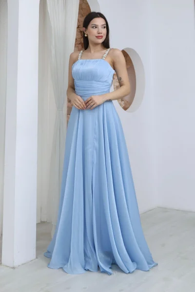 Taş Askılı Büzgü Detaylı Yırtmaçlı Abiye Elbise 2365-Bebe Mavisi