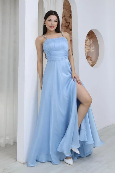 Taş Askılı Büzgü Detaylı Yırtmaçlı Abiye Elbise 2365-Bebe Mavisi