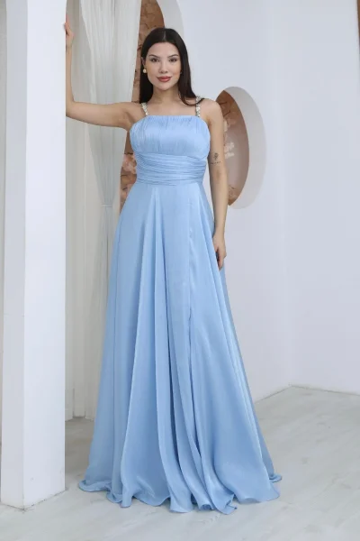 Taş Askılı Büzgü Detaylı Yırtmaçlı Abiye Elbise 2365-Bebe Mavisi