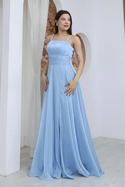 Taş Askılı Büzgü Detaylı Yırtmaçlı Abiye Elbise 2365-Bebe Mavisi